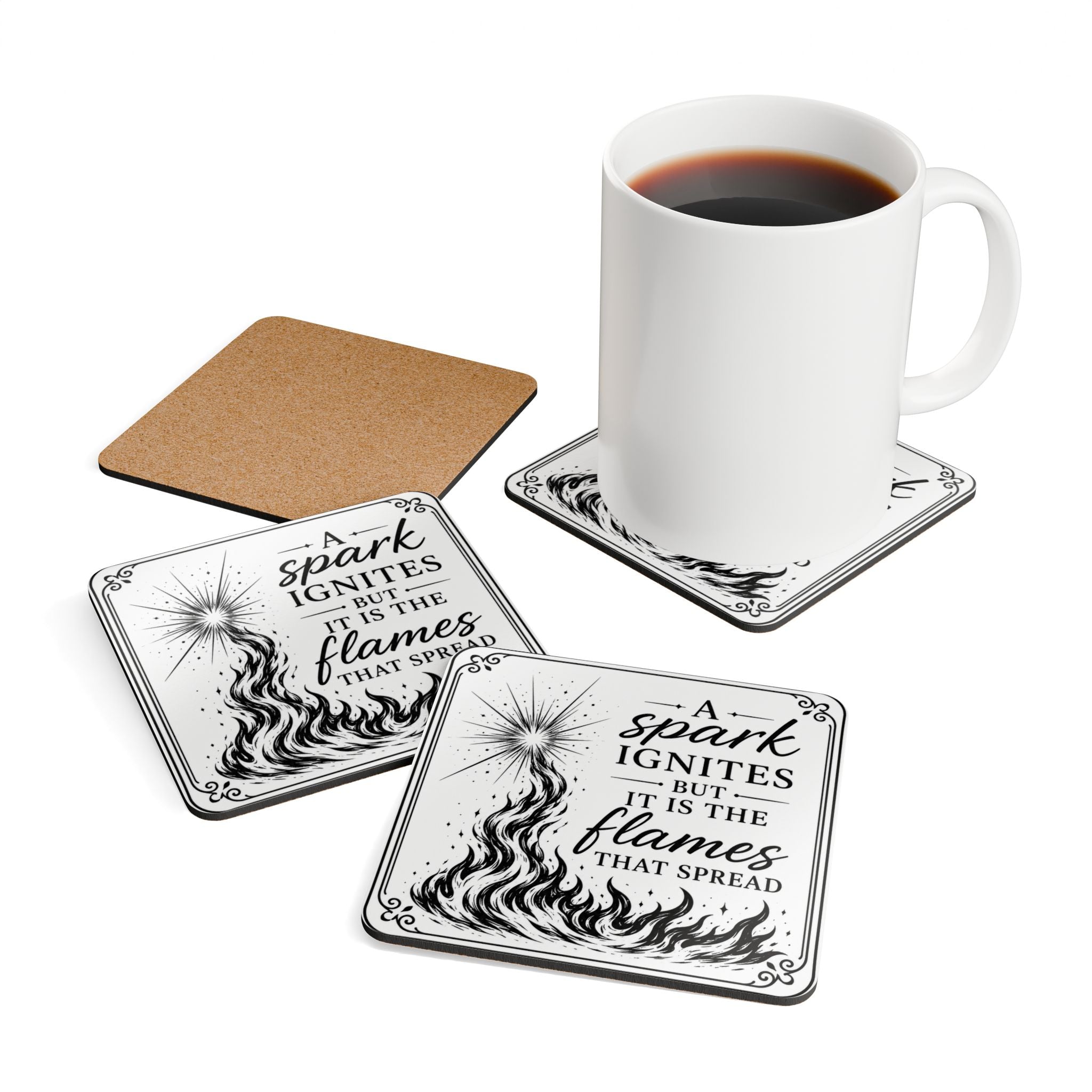 Corkwood Coaster Set - "A Spark Ignites" Inspirational Flame Quote Cork Coasters (Set of 4)