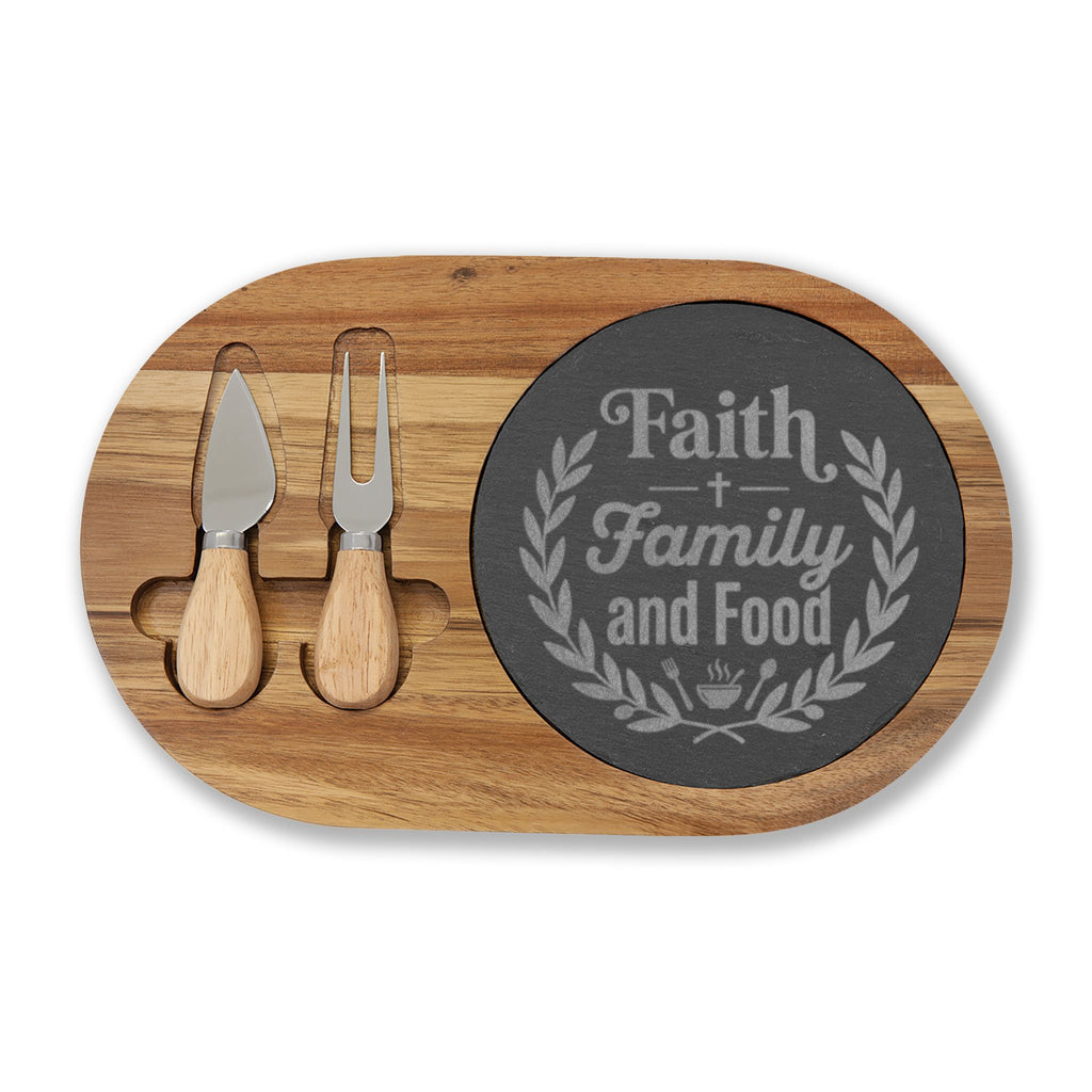 Engraved Acacia Charcuterie Board — "Faith Family and Food" Slate Cheese Set