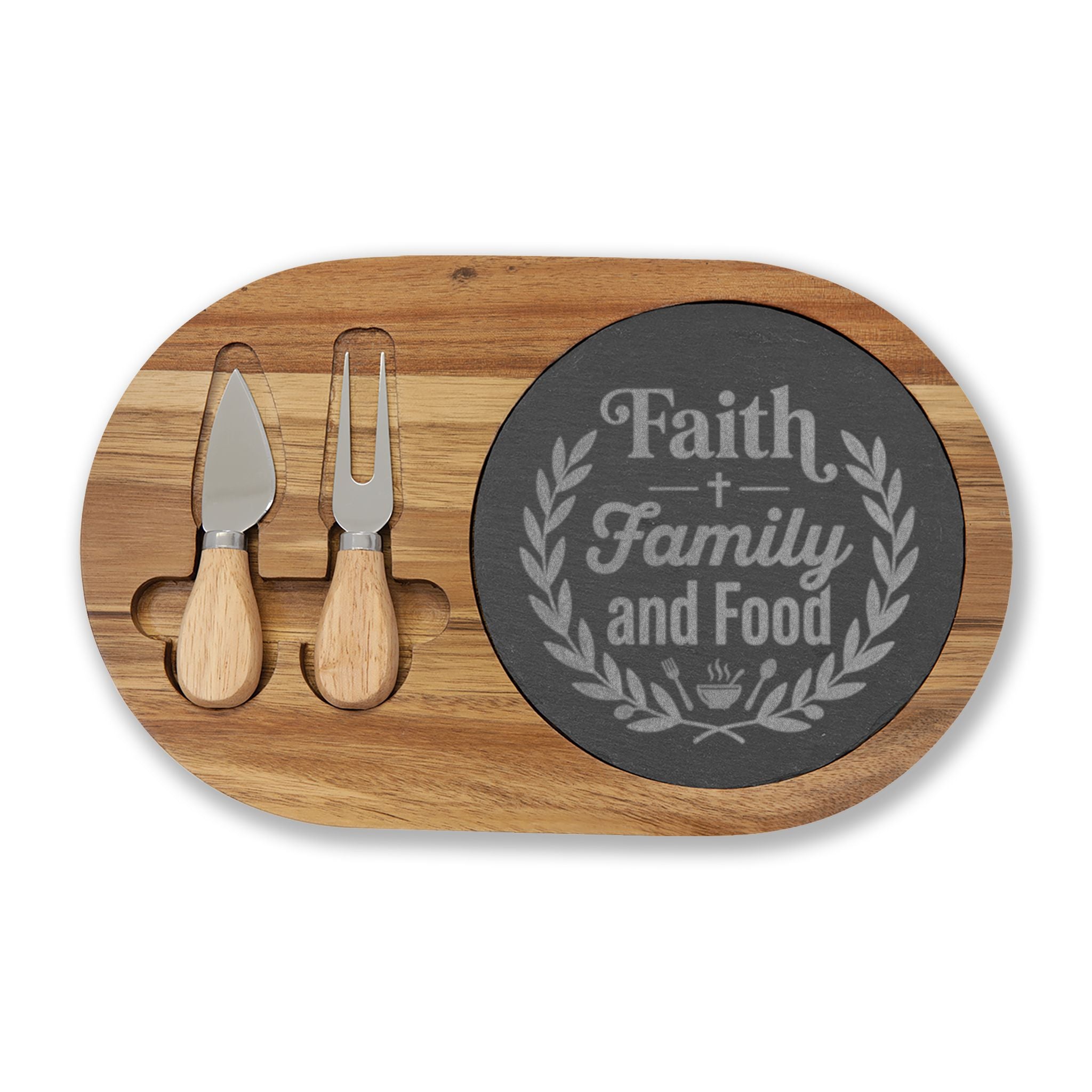 Engraved Acacia Charcuterie Board — "Faith Family and Food" Slate Cheese Set
