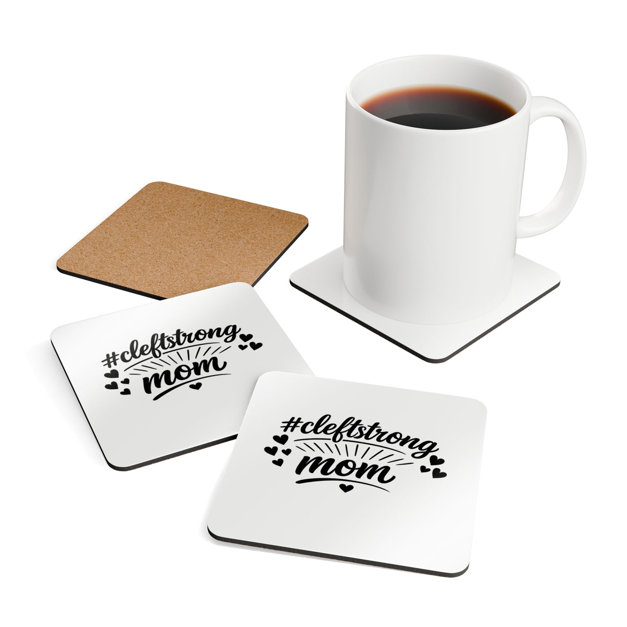 Cork Coaster Set — #cleftstrong Mom Drink Coasters (Heart Accent)