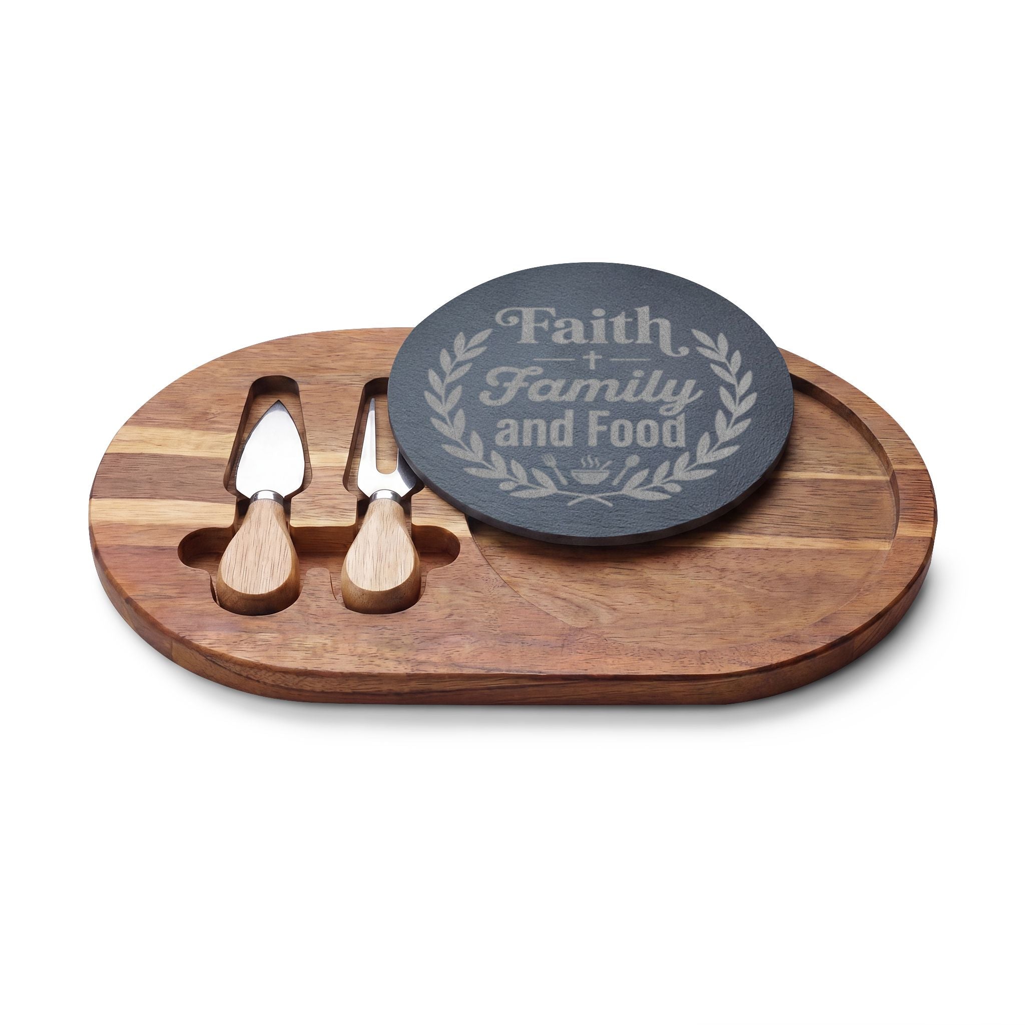 Engraved Acacia Charcuterie Board — "Faith Family and Food" Slate Cheese Set