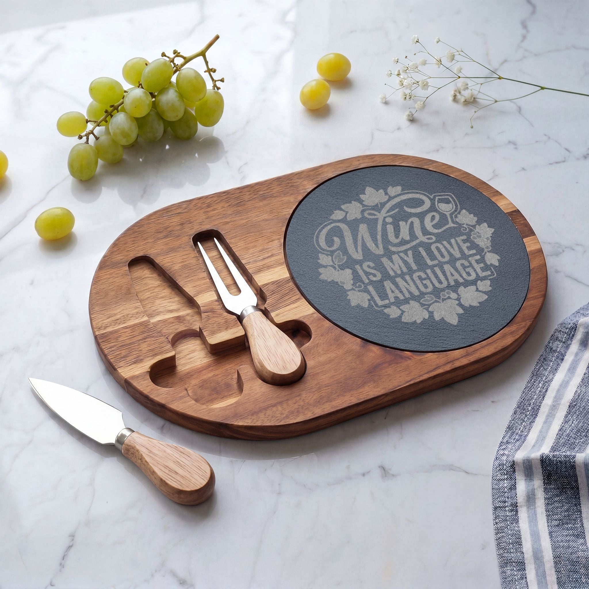 Engraved Charcuterie Board – “Wine Is My Love Language” Cheese Serving Set
