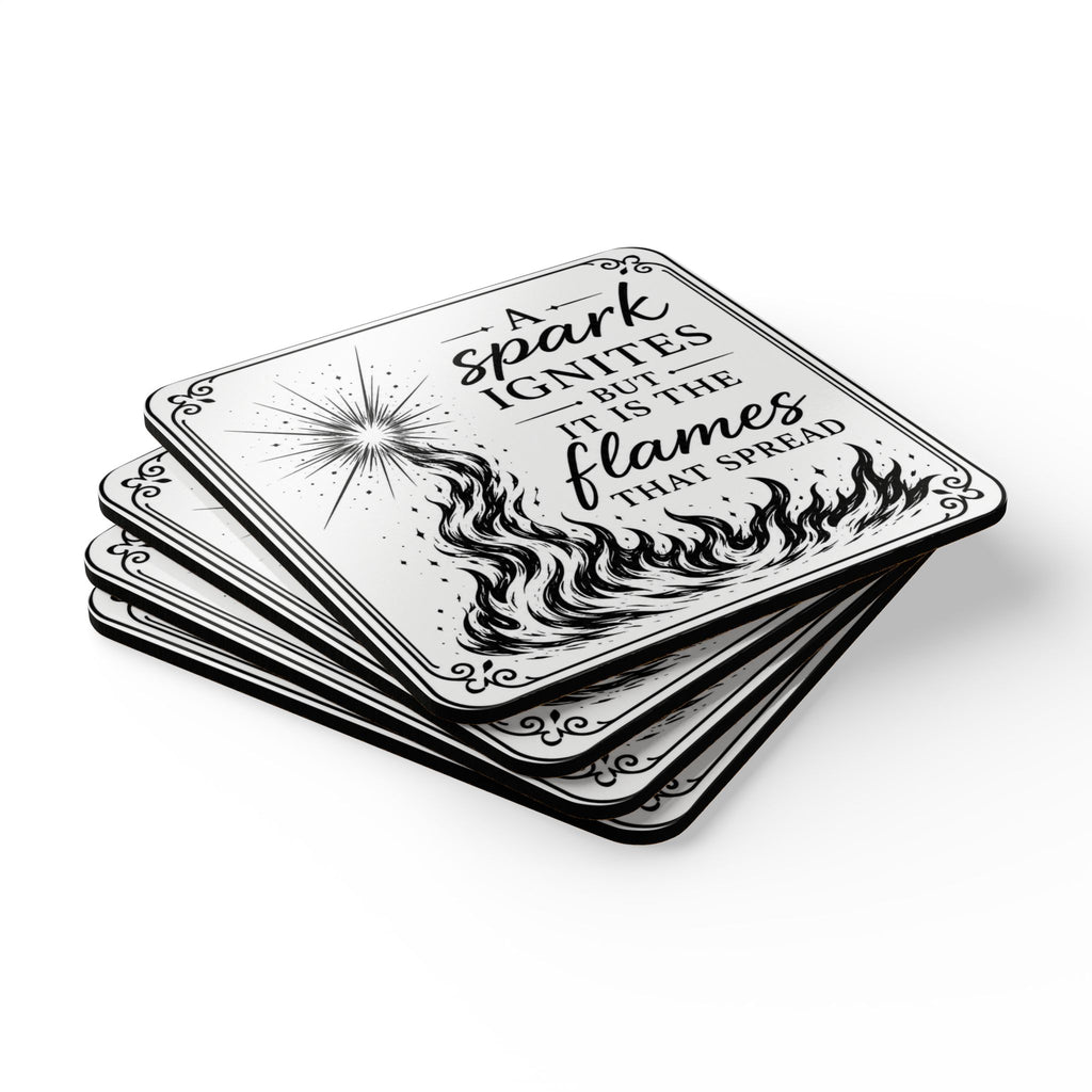 Corkwood Coaster Set - "A Spark Ignites" Inspirational Flame Quote Cork Coasters (Set of 4)