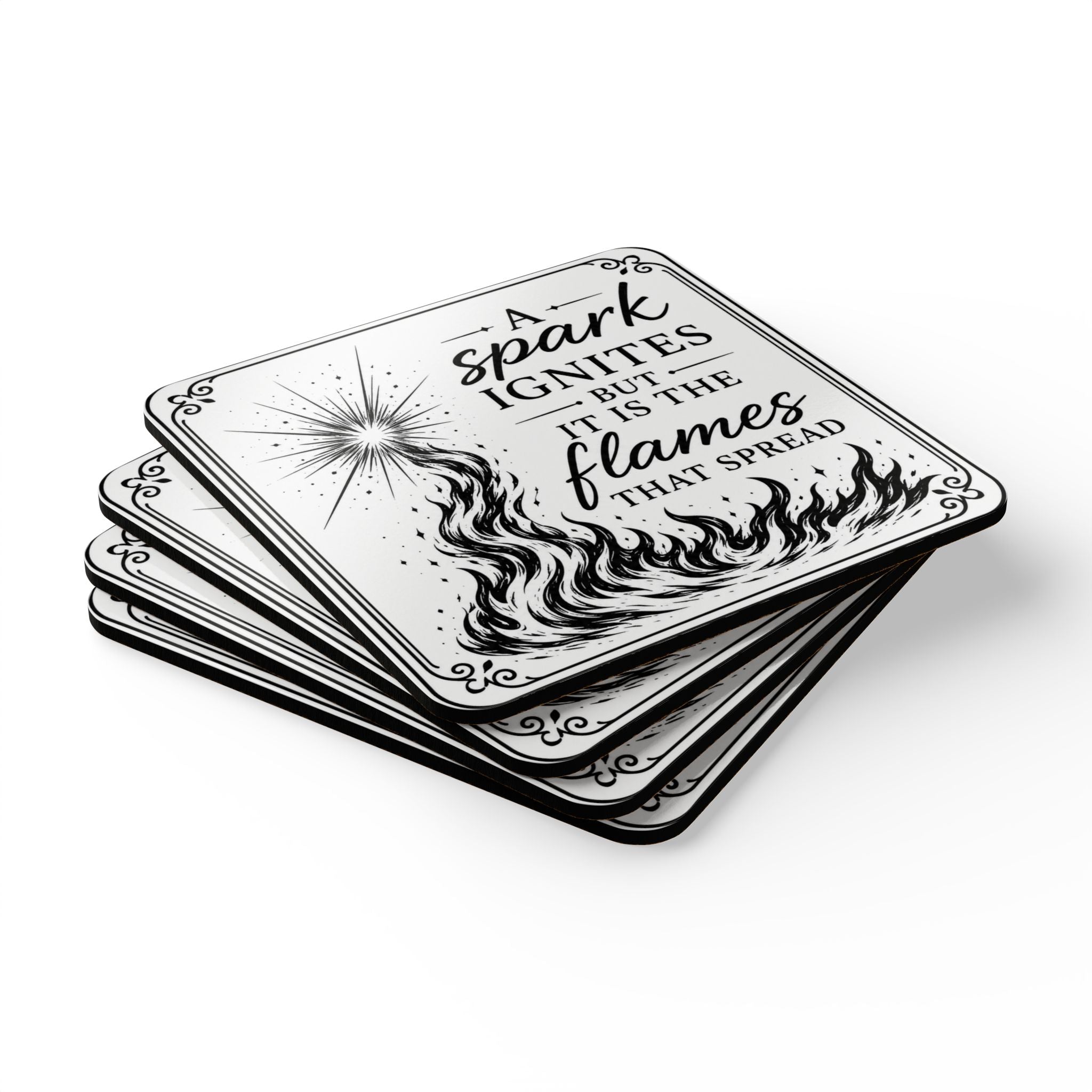Corkwood Coaster Set - "A Spark Ignites" Inspirational Flame Quote Cork Coasters (Set of 4)